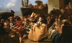 Folla mascherata in festa, un'antica scena che evoca il carnevale origine, con dame e cavalieri in costumi sfarzosi.