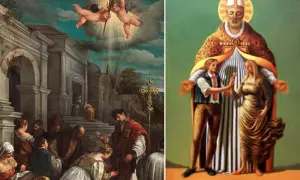 San Valentino, martire, benedice una coppia. La sua morte è legata al suo amore per gli sposi.