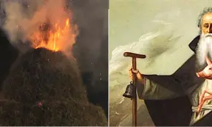 Falò e un dipinto di Sant'Antonio Abate con un maialino, che evoca la leggenda del santo protettore degli animali.