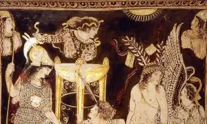 Antica pittura su vaso raffigurante divinità e figure mitologiche, forse legata ai **nomi dei mesi origine**.
