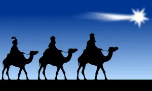 I Re Magi seguono la stella cometa. Baldassarre, Gaspare e Melchiorre portano doni preziosi.