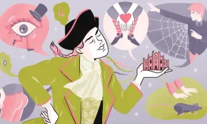 Un uomo con parrucca e cappello tiene in mano il Duomo di Milano, pensando a un cuore, un occhio, un sedere, un ragno e un topo. Il significato Gaina è un'esplosione di pensieri bizzarri.