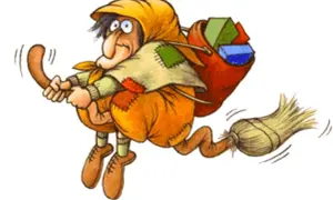 Una Befana vola su una scopa, con un sacco pieno di doni. Non tutte le befane sono brutte, alcune sono proprio befane belle!