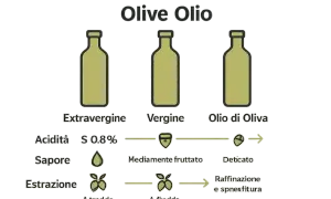 Piva piva l'olio d'oliva: Extravergine, Vergine e Olio di Oliva, con differenze di acidità, sapore ed estrazione.