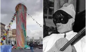 Un'installazione colorata e una maschera di Pulcinella, simbolo di libertà e tradizione napoletana. Il pulcinella maschera significato è un'espressione di gioia.