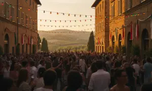 Festa in piazza a Cappelle sul Tavo per il Palio delle Pupe. Luci colorate, bandiere e tanta gente festeggia sotto il sole.