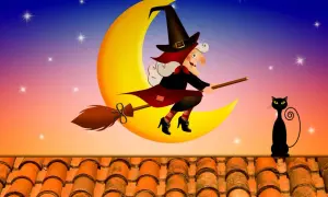 La Befana vola sulla luna con il suo gatto nero, pronta a portare via le feste.