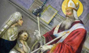 San Biagio, con il suo proverbio di guarigione, benedice un bambino malato, mentre una donna prega.