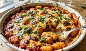 Gnocchi alla sorrentina, un classico della tradizione, cotti al forno con pomodoro, mozzarella filante e basilico fresco.