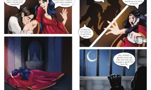 La dama bianca, in abito rosso, giace a terra. In un'altra vignetta, incatenata, guarda la luna.