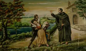 Un santo benedice una famiglia spaventata da un serpente, un'icona della festa dei serpari.