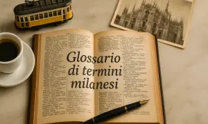 Glossario di termini milanesi, con un tram in miniatura e una tazza di caffè, che evoca l'atmosfera della città.