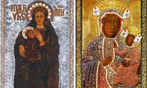 Icone sacre affiancate: una Madonna di colore con Bambino, con aureola e iscrizioni, e un'altra Madonna di colore, riccamente ornata, con corone e angeli.