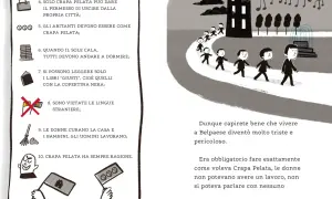 Bambini tristi camminano verso un castello, mentre le regole di Crapa Pelata impongono obbedienza.