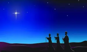 Tre sagome di re con bastoni camminano nel deserto sotto un cielo stellato, guidati dalla stella cometa, quando arrivano i re magi da Gesù bambino.