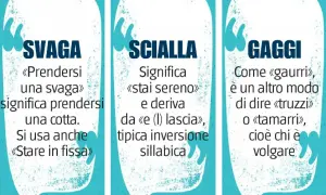 Immagine illustra modi di dire milanesi giovanili: "svaga" (cotta), "scialla" (stai sereno) e "gaggi" (truzzi, volgari).