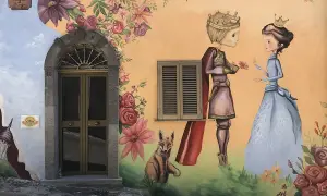 Un principe offre un fiore a una principessa, circondati da fiori e un volpe. Sembra un dipinto del paese delle fate.