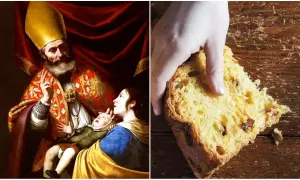 San Biagio, protettore della gola, si celebra il 3 febbraio. Qui, un dipinto del santo e una fetta di panettone, dolce tipico delle feste.
