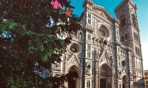 Un albero di Natale addobbato con fiocchi rosa davanti al Duomo di Firenze, un luogo dove si festeggia la Befana in Italia.