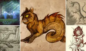 Collage di creature mitologiche: un felino fantastico, un serpente, un drago e figure fatate in un bosco.
