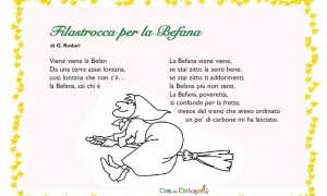 Filastrocca sulla Befana di G. Rodari con disegno di una strega su scopa. La Befana arriva da lontano, ma se stai zitto, non la senti.