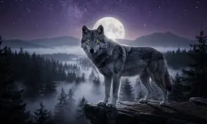 Lupo maestoso con occhi luminosi, simbolo del lupo significato spirituale, domina una scogliera sotto una luna piena e un cielo stellato.