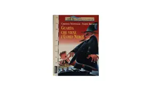 Un bambino tiene la mano all'Uomo Nero, figura minacciosa con cappello e mantello scuro, in un'illustrazione da libro per bambini.