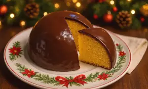Un delizioso parrozzo abruzzese, ricoperto di cioccolato lucido, su un piatto decorato per le feste.