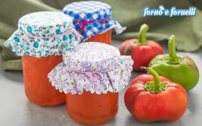 Barattoli di conserva di peperoni napoletana con tappi decorati, circondati da peperoni freschi rossi e verdi.