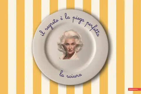 Piatto con ritratto di una sciura milanese e la scritta "il segreto è la piega perfetta".