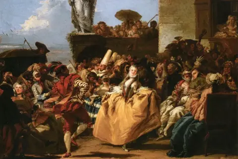 Folla mascherata in festa, un'antica scena che evoca il carnevale origine, con dame e cavalieri in costumi sfarzosi.
