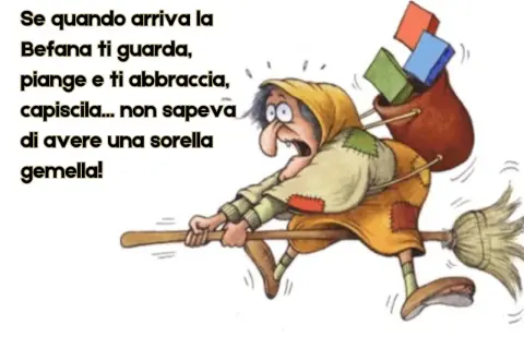 La Befana, sorpresa, piange e abbraccia qualcuno: non sapeva di avere una sorella gemella! Un divertente messaggio della Befana.