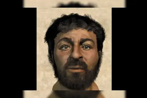 La vera immagine di Gesù, un volto realistico con barba scura e capelli ricci, che evoca un'antica umanità.