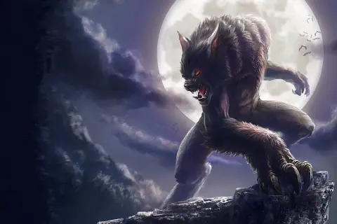Licantropo ringhia sotto la luna piena, un'immagine che evoca il mistero di come diventare un licantropo.