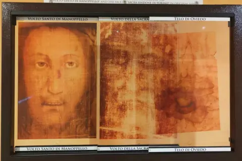 Volto Santo di Manoppello, Volto della Sacra Sindone e Telo di Oviedo affiancati, un confronto visivo di immagini sacre.
