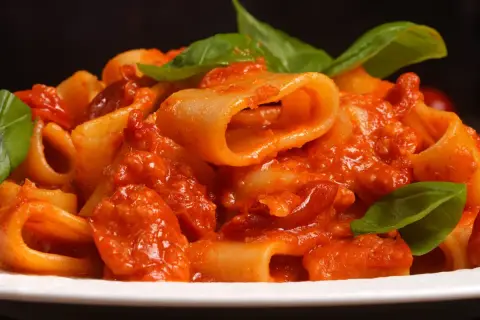 Un piatto di rigatoni allo scarpariello, conditi con un sugo rosso ricco e guarniti con foglie di basilico fresco.
