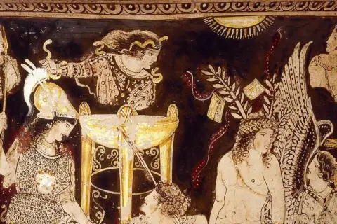 Antica pittura su vaso raffigurante divinità e figure mitologiche, forse legata ai **nomi dei mesi origine**.