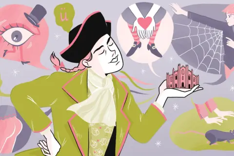 Un uomo con parrucca e cappello tiene in mano il Duomo di Milano, pensando a un cuore, un occhio, un sedere, un ragno e un topo. Il significato Gaina è un'esplosione di pensieri bizzarri.