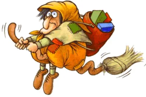 Una Befana vola su una scopa, con un sacco pieno di doni. Non tutte le befane sono brutte, alcune sono proprio befane belle!