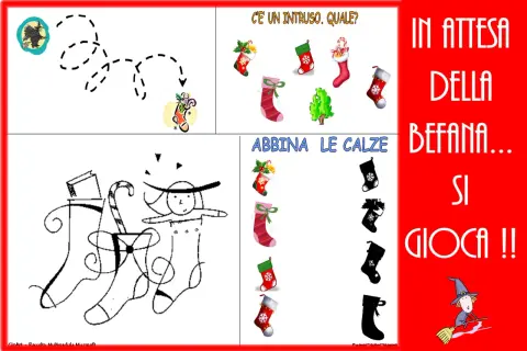 Giochi della Befana: un percorso per la strega, un intruso tra le calze e un gioco di abbinamento. Divertimento in attesa!