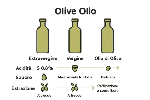 Piva piva l'olio d'oliva: Extravergine, Vergine e Olio di Oliva, con differenze di acidità, sapore ed estrazione.