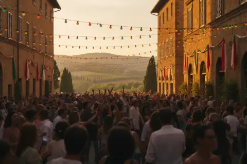 Festa in piazza a Cappelle sul Tavo per il Palio delle Pupe. Luci colorate, bandiere e tanta gente festeggia sotto il sole.
