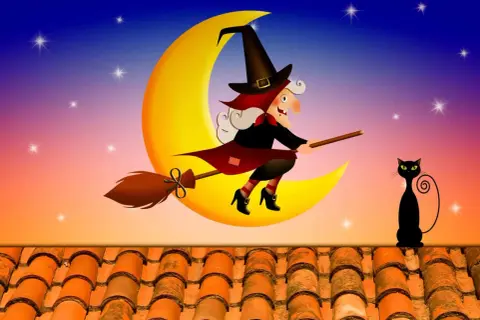 La Befana vola sulla luna con il suo gatto nero, pronta a portare via le feste.