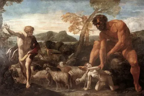 Giganti dominano un paesaggio pastorale, uno afferra una donna, l'altro guarda con un gesto di sorpresa. Pecore e montagne completano la scena.