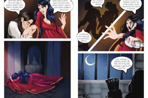 La dama bianca, in abito rosso, giace a terra. In un'altra vignetta, incatenata, guarda la luna.
