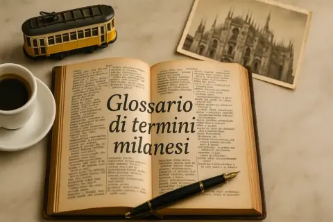 Glossario di termini milanesi, con un tram in miniatura e una tazza di caffè, che evoca l'atmosfera della città.