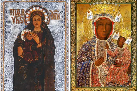 Icone sacre affiancate: una Madonna di colore con Bambino, con aureola e iscrizioni, e un'altra Madonna di colore, riccamente ornata, con corone e angeli.
