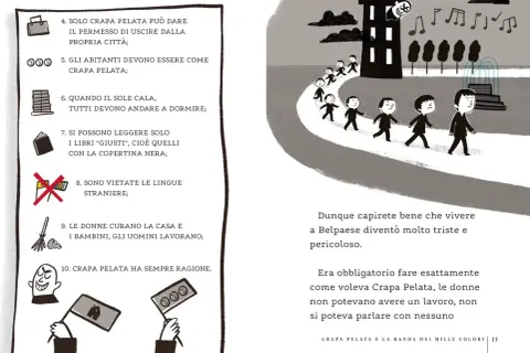 Bambini tristi camminano verso un castello, mentre le regole di Crapa Pelata impongono obbedienza.