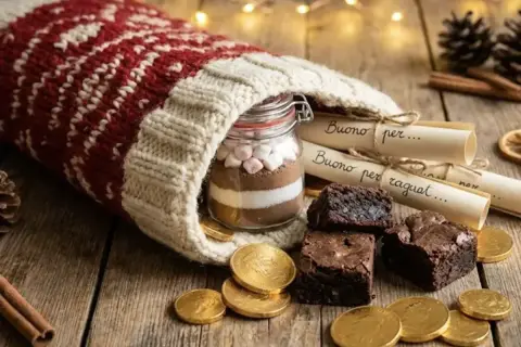Un calzino natalizio pieno di dolcezze: cioccolata in barattolo, brownies e monete d'oro. Cosa si lascia alla Befana? Un pensiero goloso!