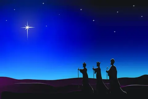 Tre sagome di re con bastoni camminano nel deserto sotto un cielo stellato, guidati dalla stella cometa, quando arrivano i re magi da Gesù bambino.